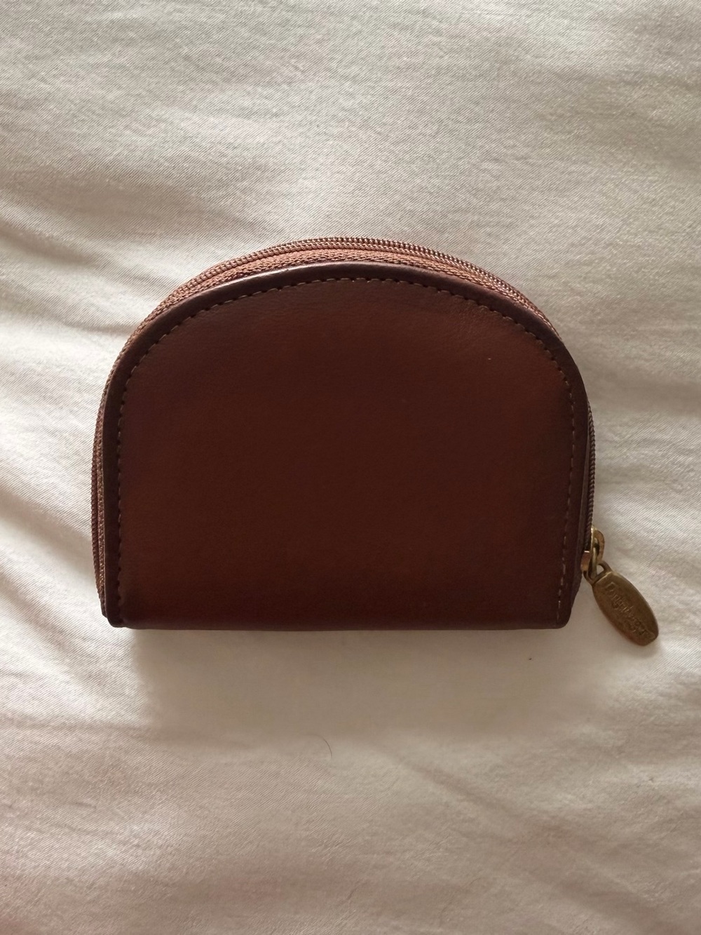 Longaberger brown leather zippered coin pouch with stitched edge
